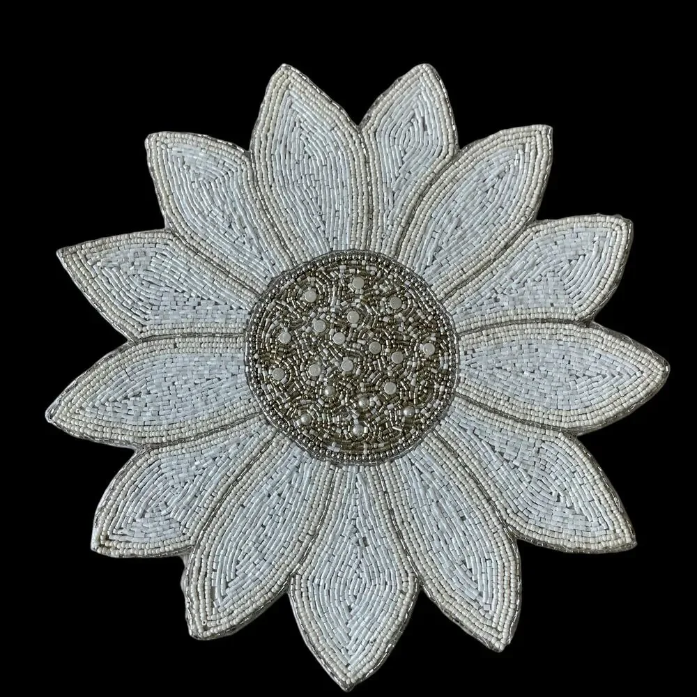 TAHARI HOME Glass Hand Beaded Charger Placemat 15in White Silver Floral NEW